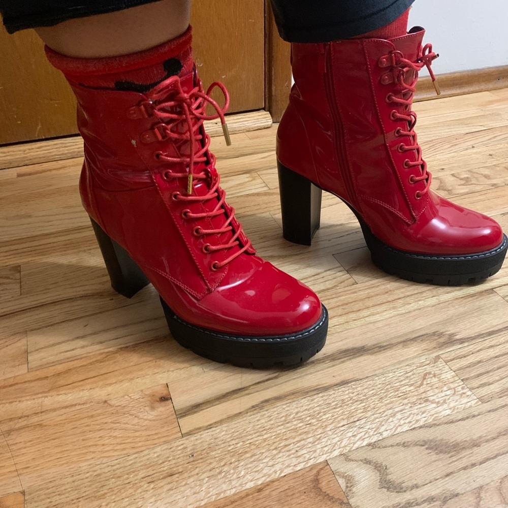 Akira Azalea Wang Size 10 red patent leather high heeled boots.